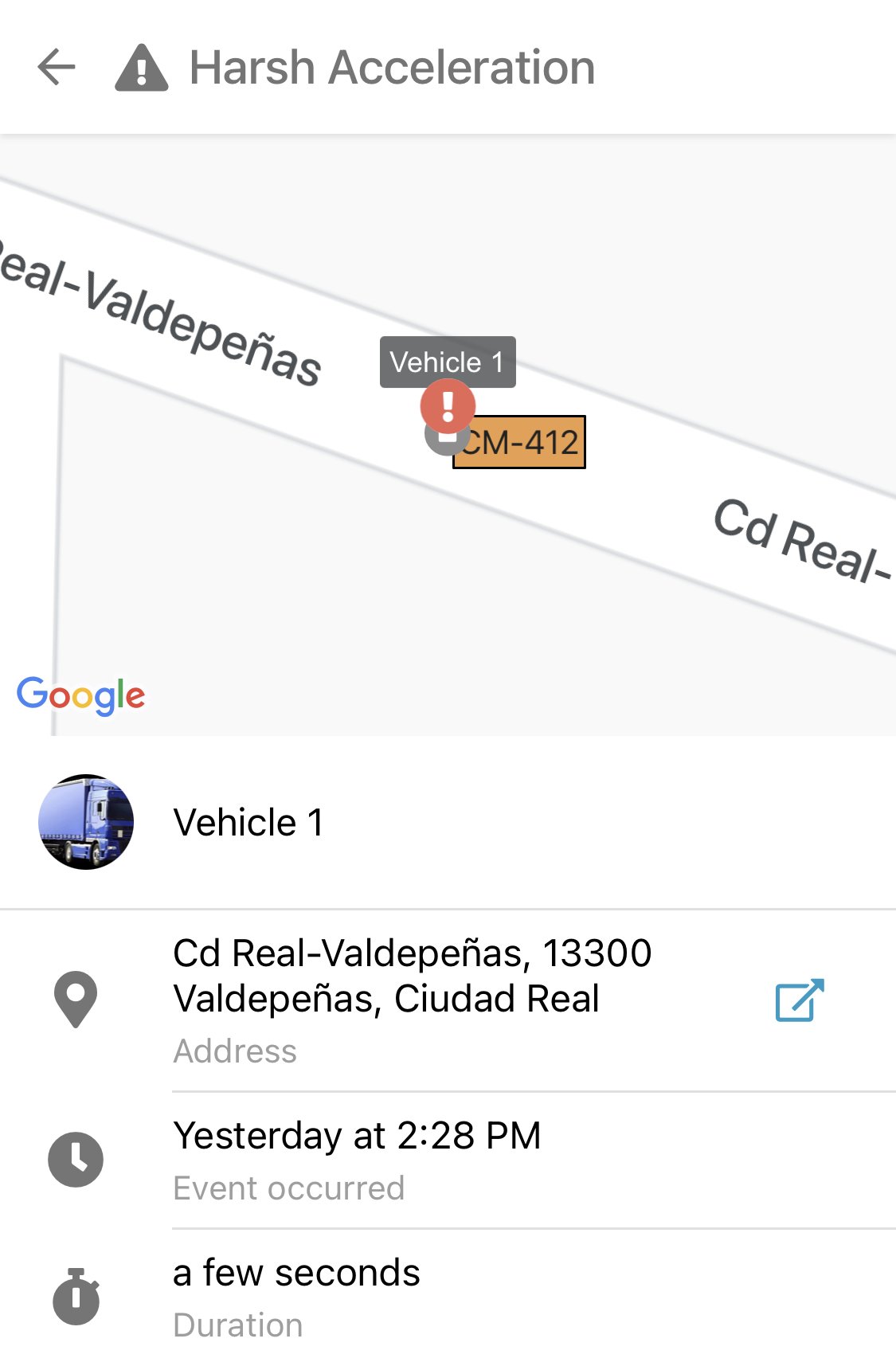 Harsh acceleration alert for Vehicle 1 on map.