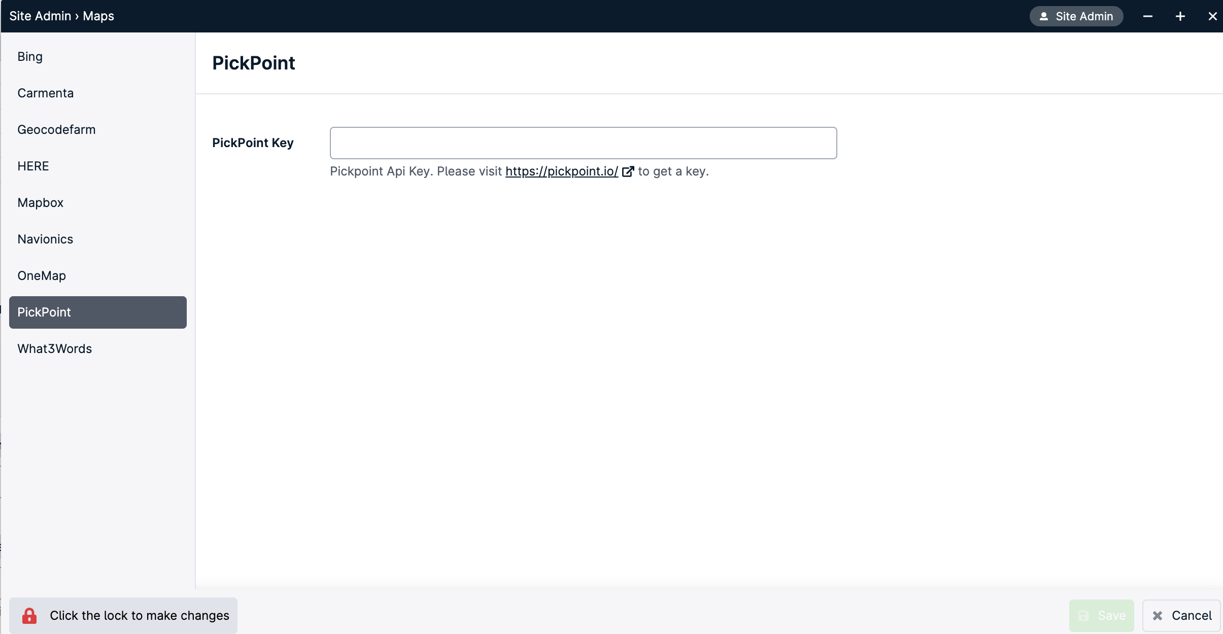 PickPoint API key input screen