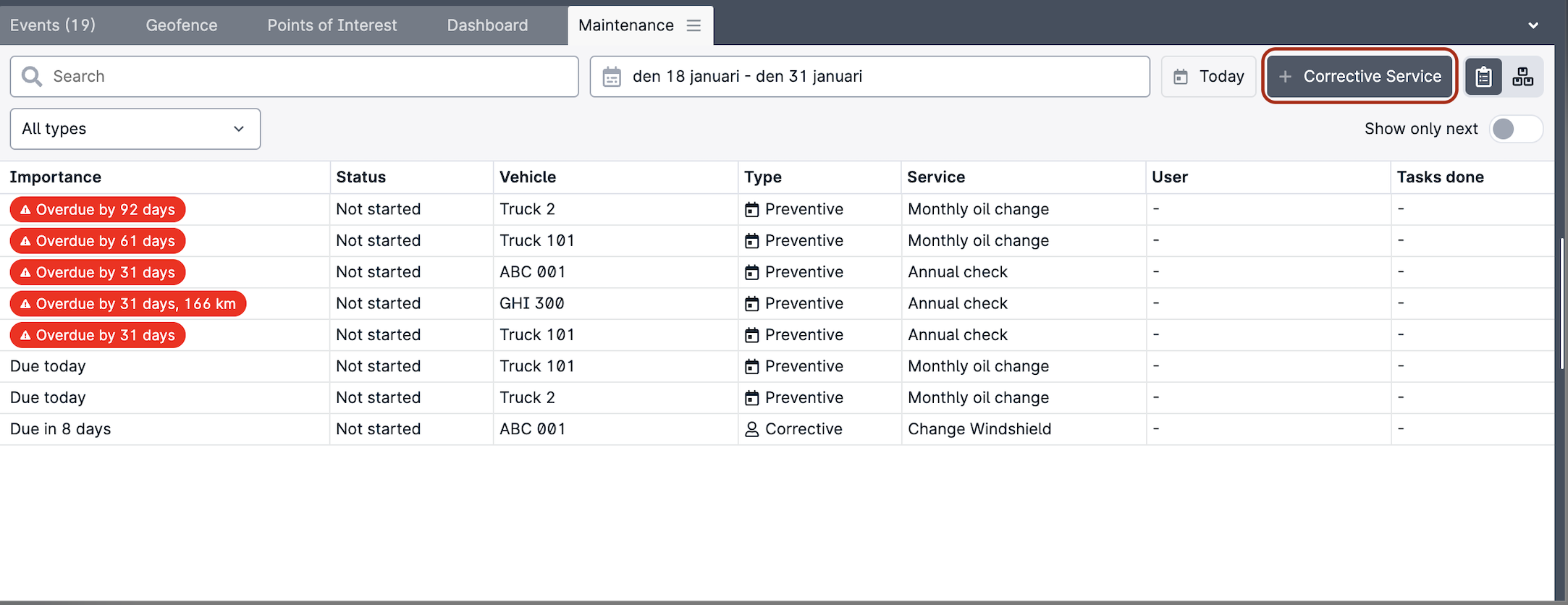 Vehicle maintenance schedule with overdue alerts.