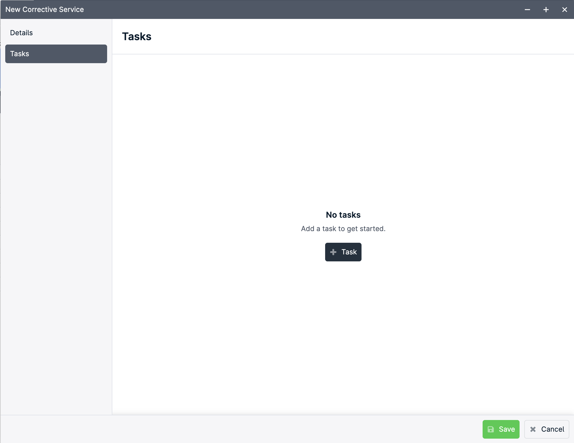 Task management interface with no tasks listed.