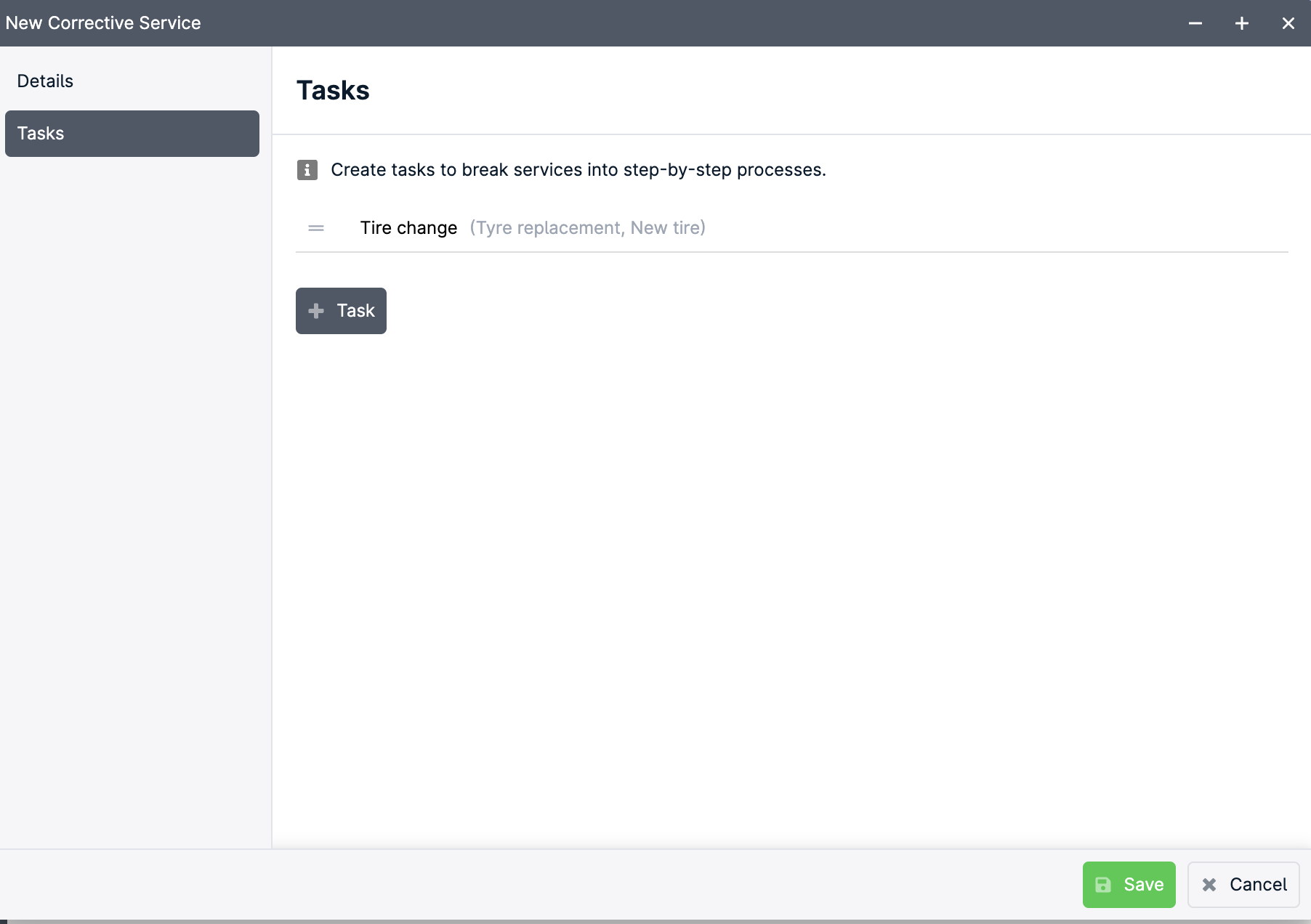 Task creation interface for tire change service.