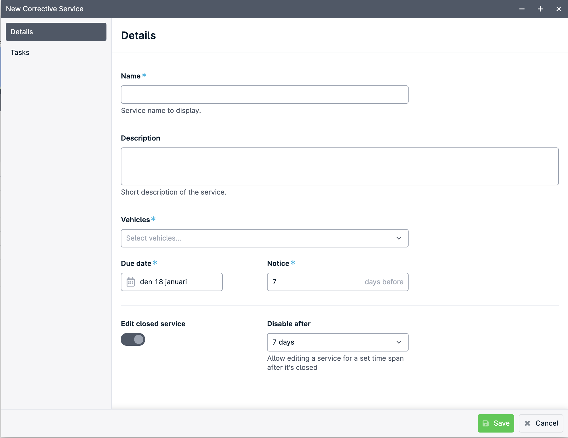 Form for creating a corrective service.