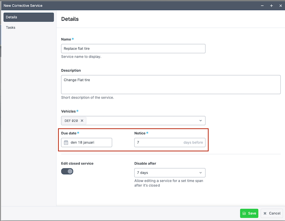 Form for scheduling corrective service task.