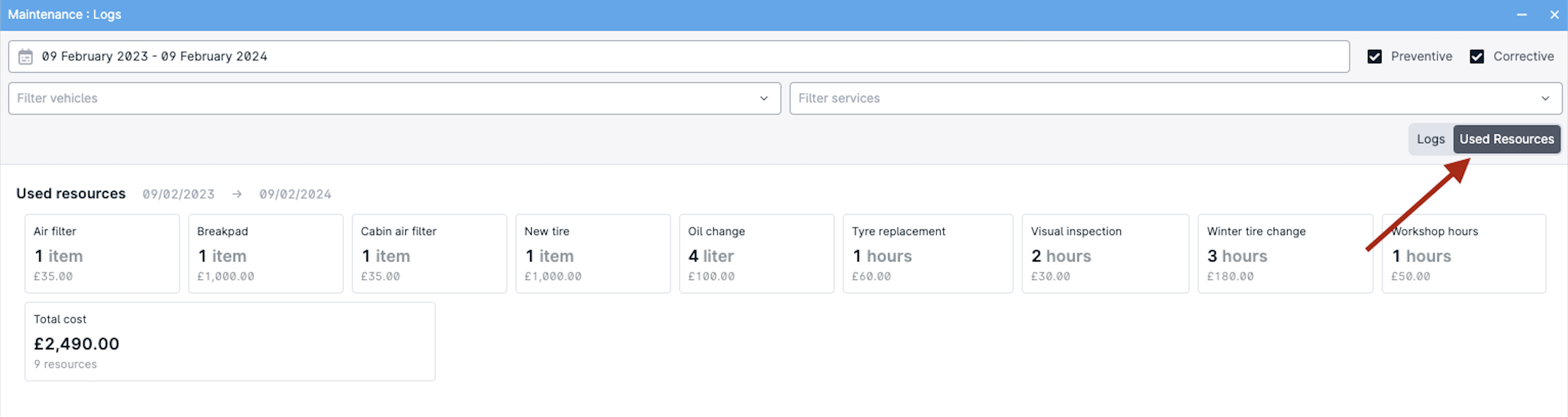 Maintenance log with used resources list.