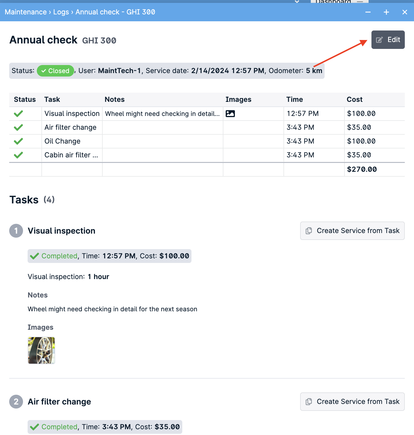 Vehicle maintenance log with tasks and costs.