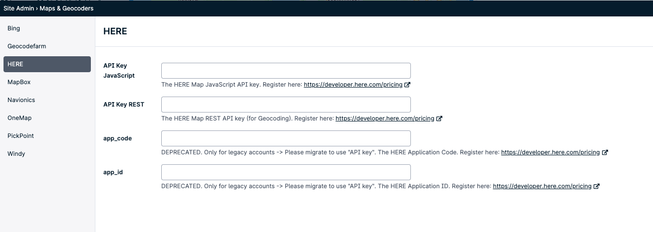 API key input fields for HERE maps