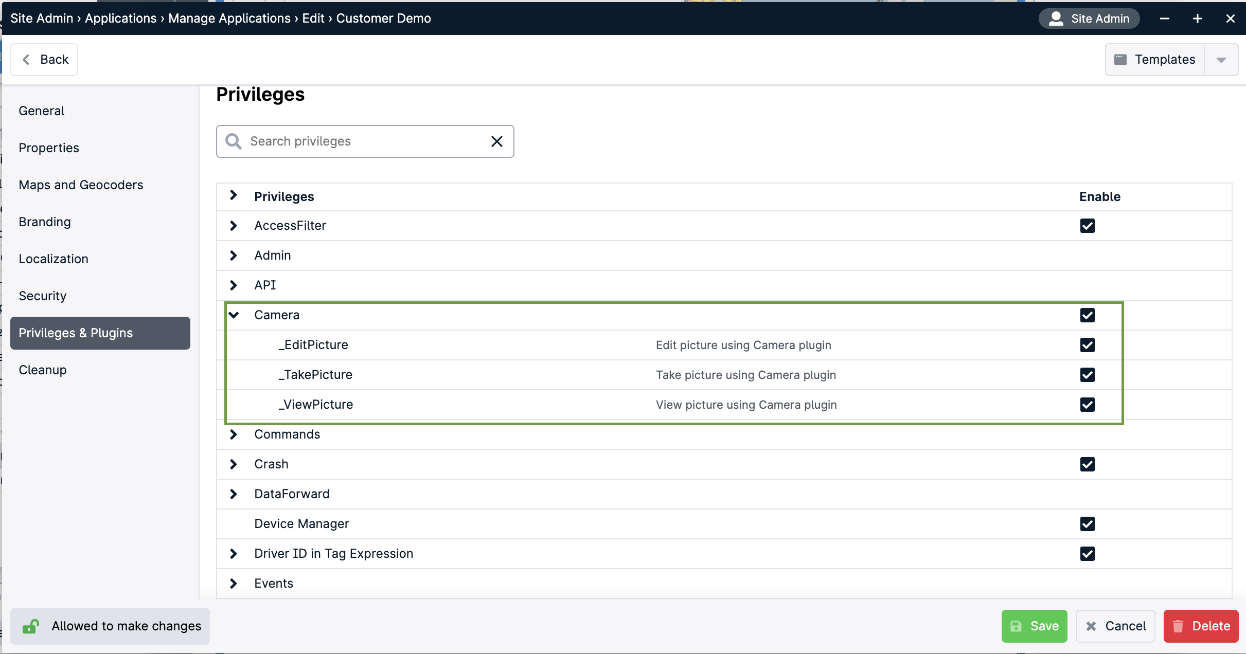 Camera plugin privileges settings screen