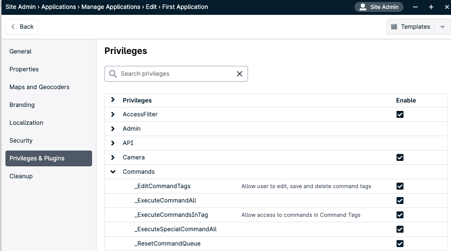 Privileges settings interface with checkboxes.