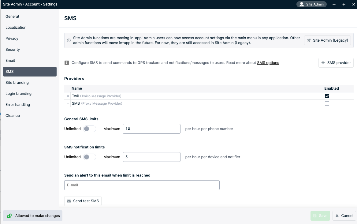 SMS settings page with provider options.