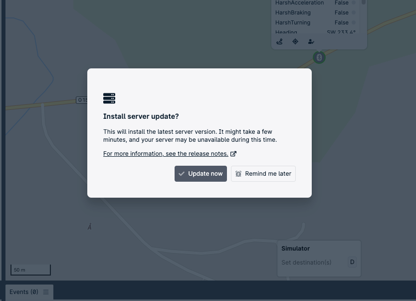 Server update prompt with options.