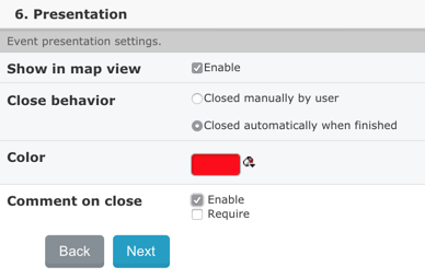 Event presentation settings options