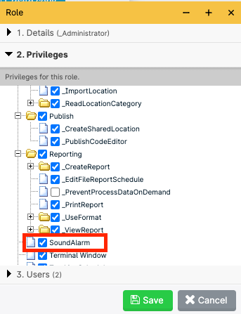 Role privileges settings interface