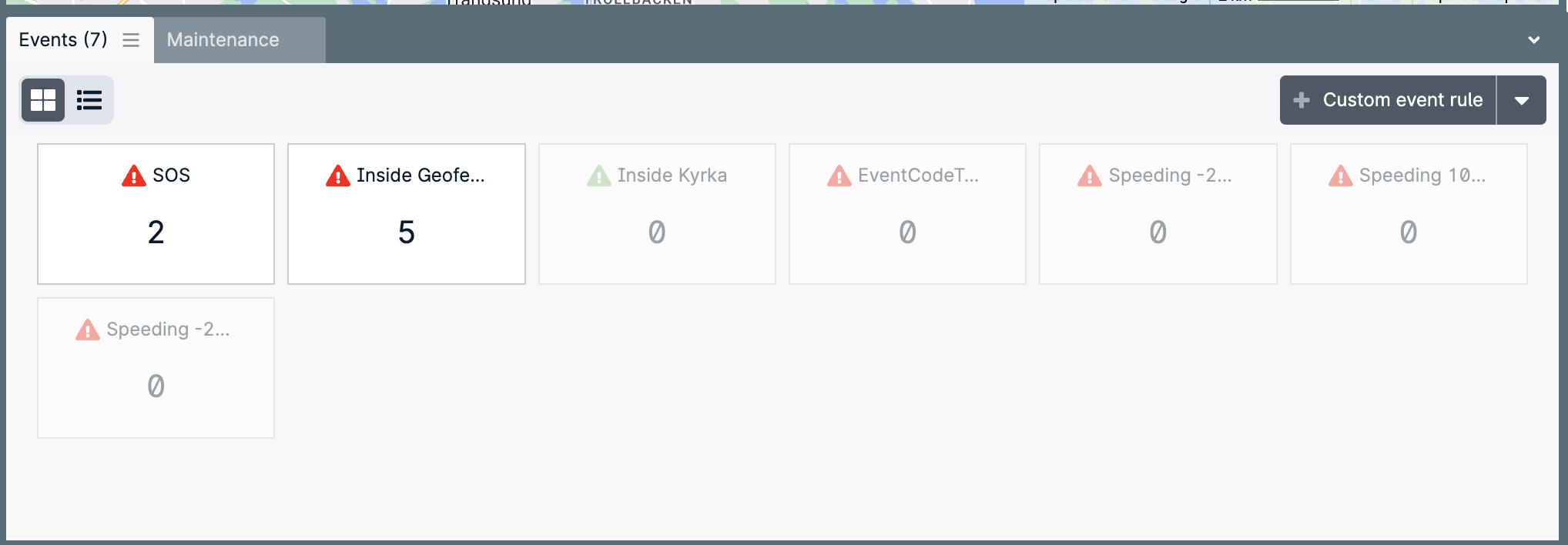 Dashboard showing event alerts and counts.