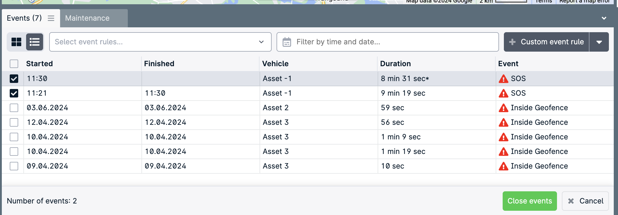 Event log with SOS and geofence alerts.