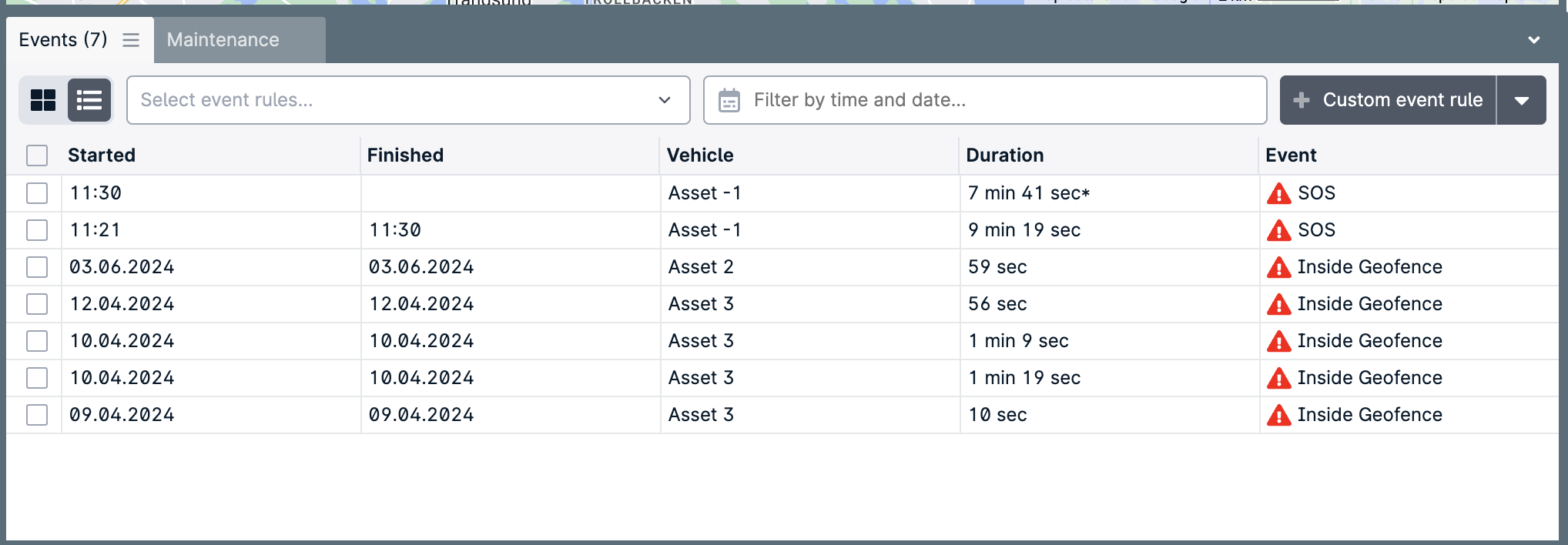 Event log with SOS and geofence alerts.