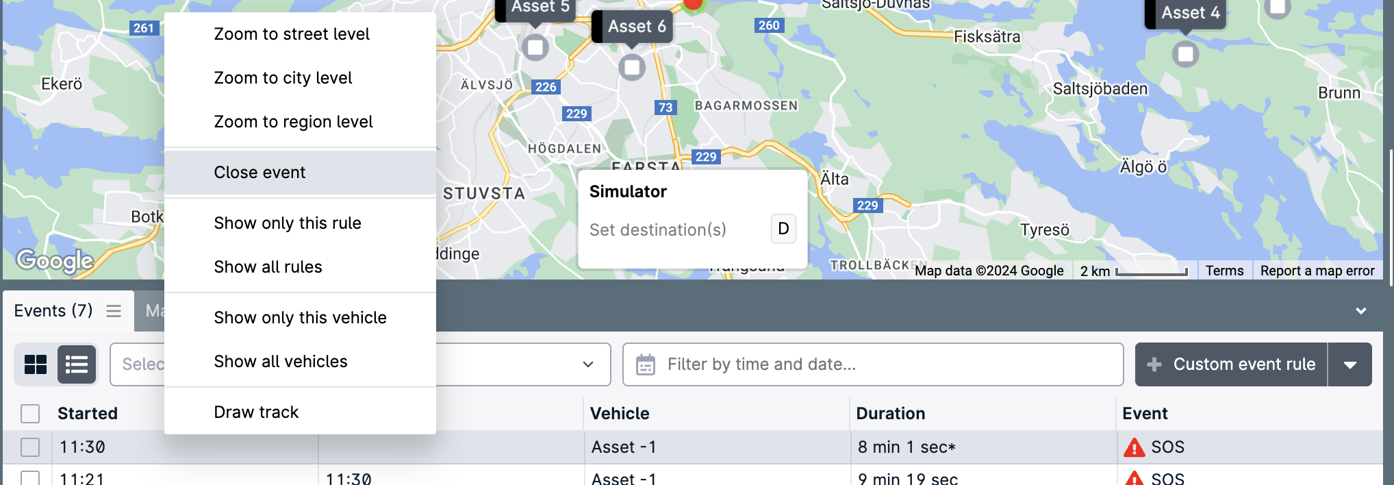 Map interface with event options menu.