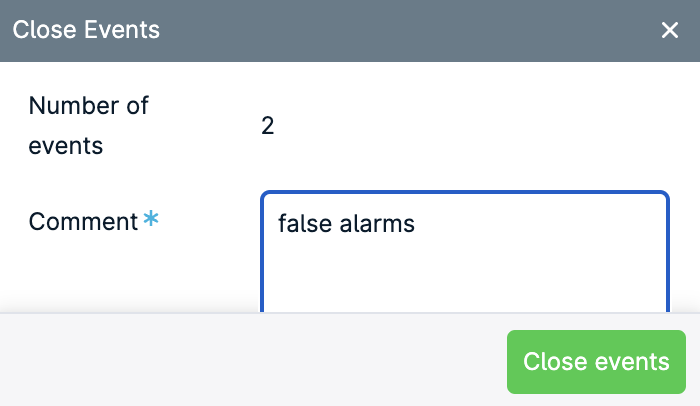 Close Events dialog with comment section.