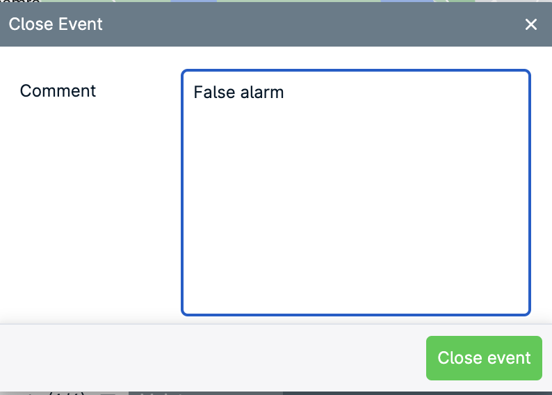 Close Event" dialog with comment box.