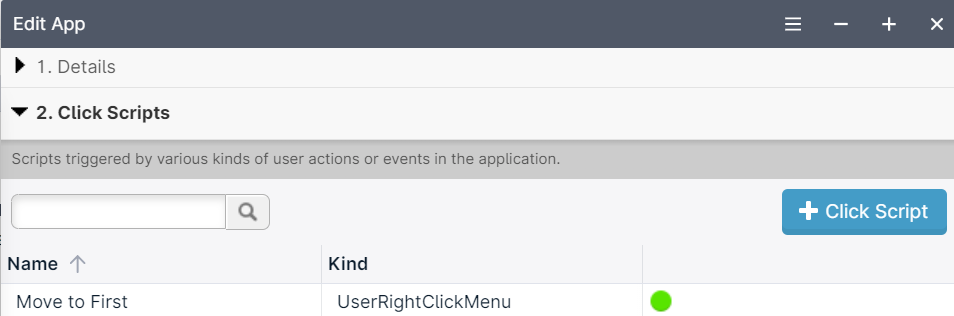 App edit interface with script options.