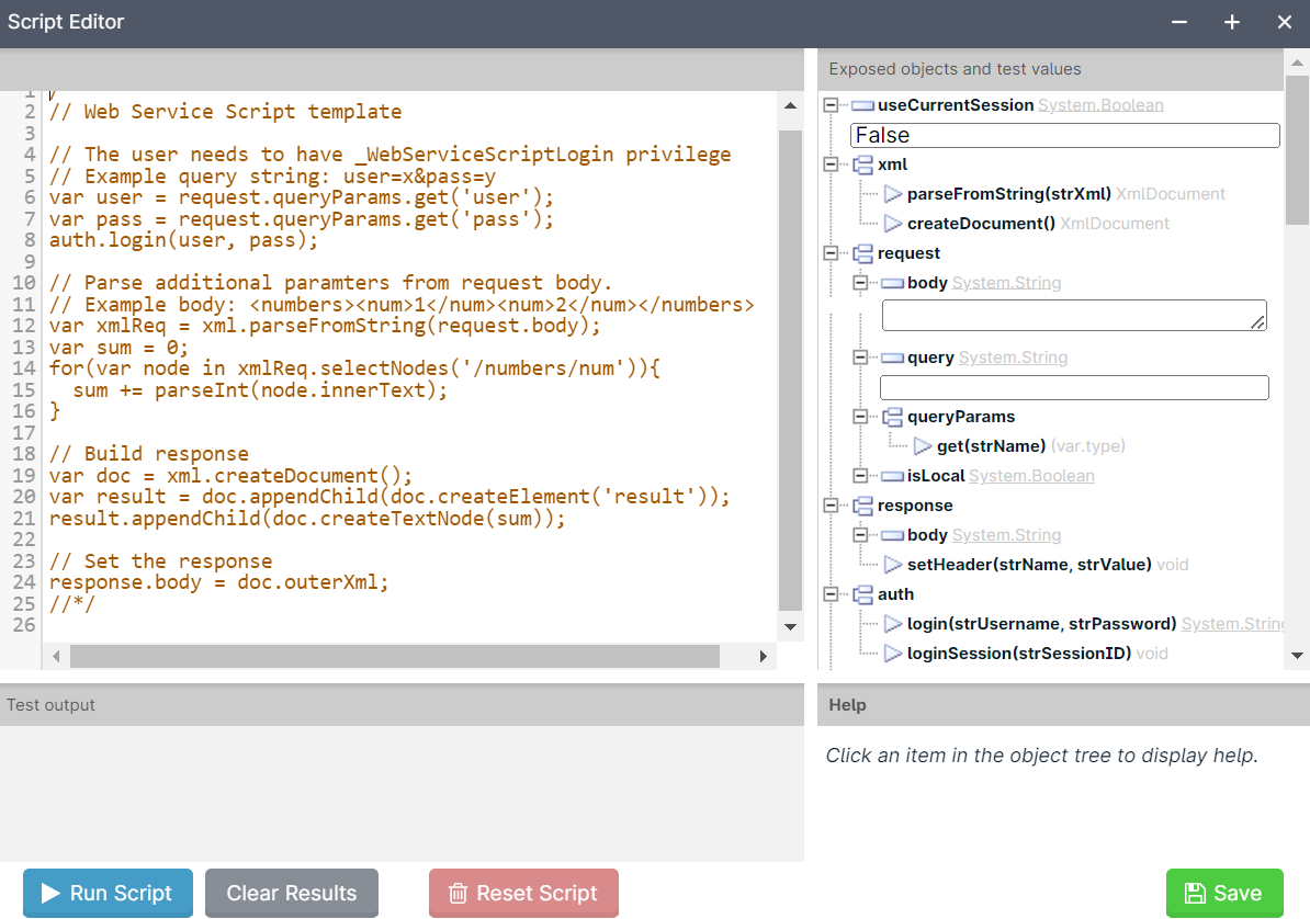 Script editor with code and object tree