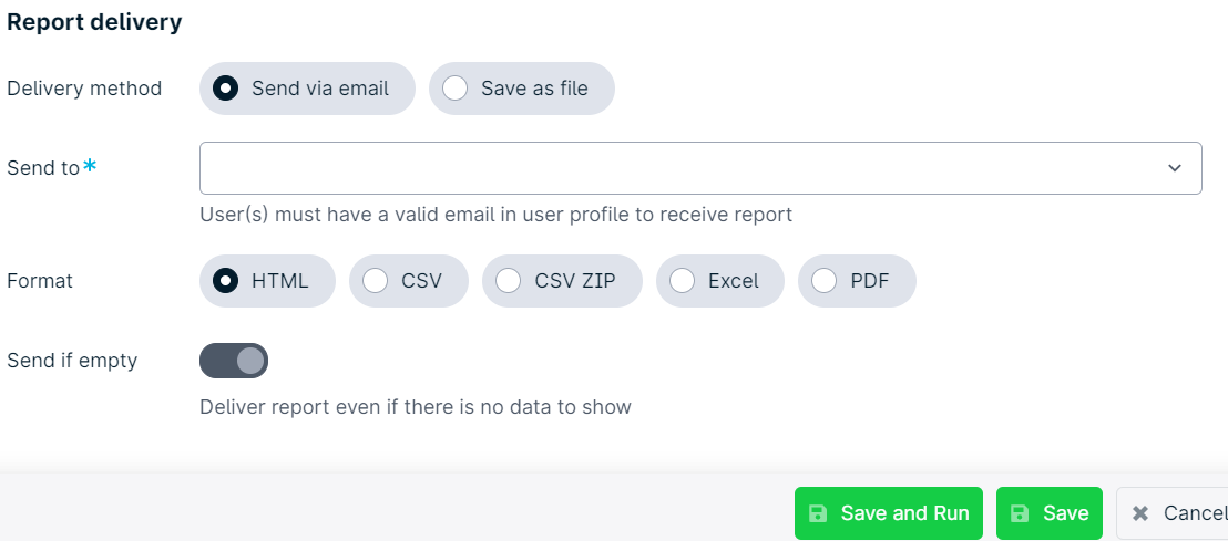 Report delivery settings interface