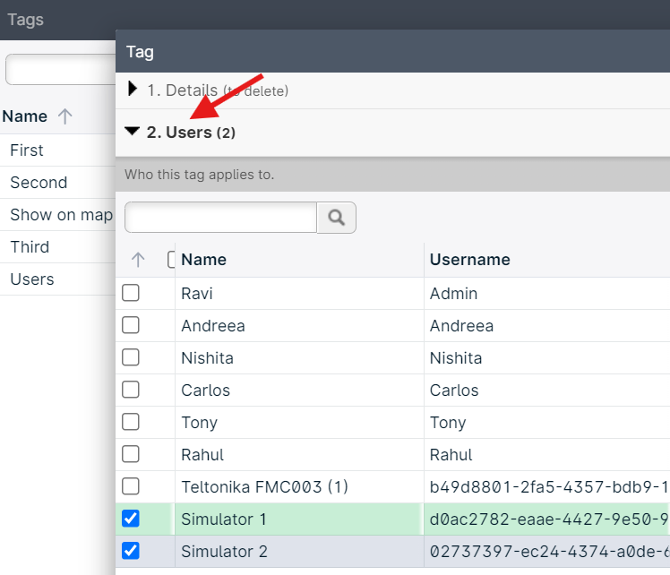 User list with checkboxes and usernames