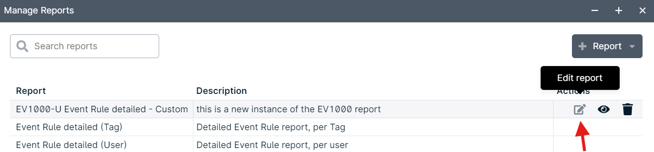 Manage Reports interface with report list.