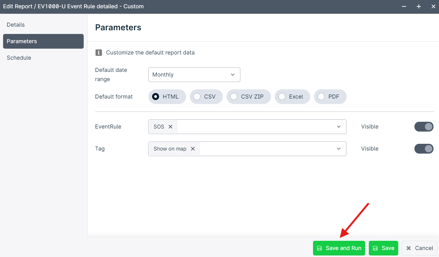 Report parameters settings screen.
