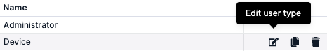 Edit user type" tooltip on a table.