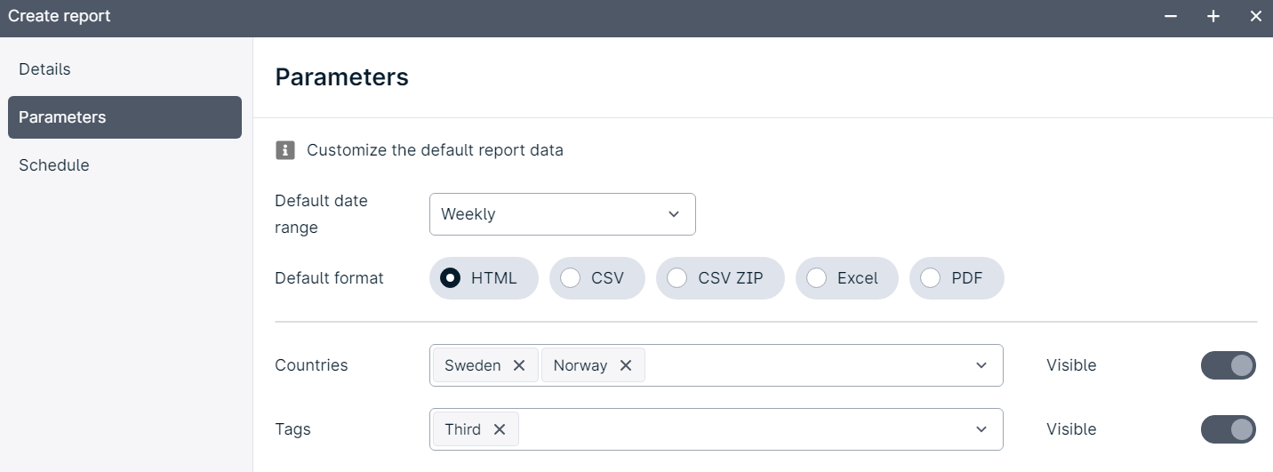 Report creation parameters screen