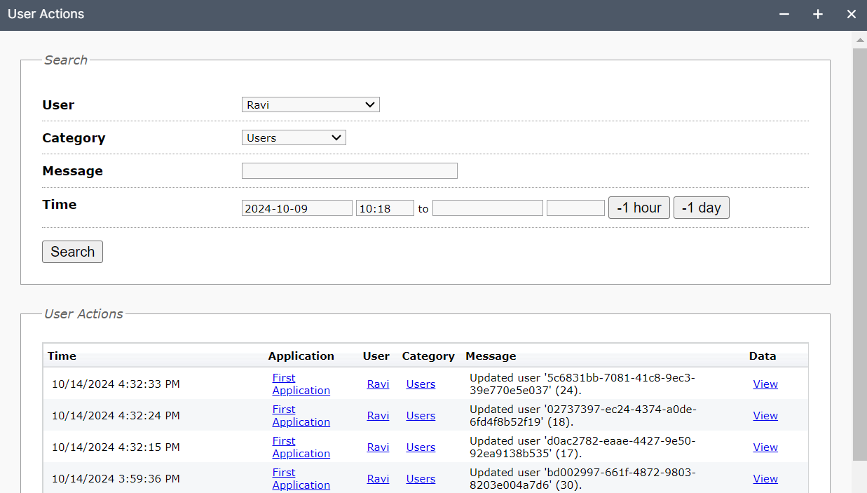 User actions search interface screenshot.