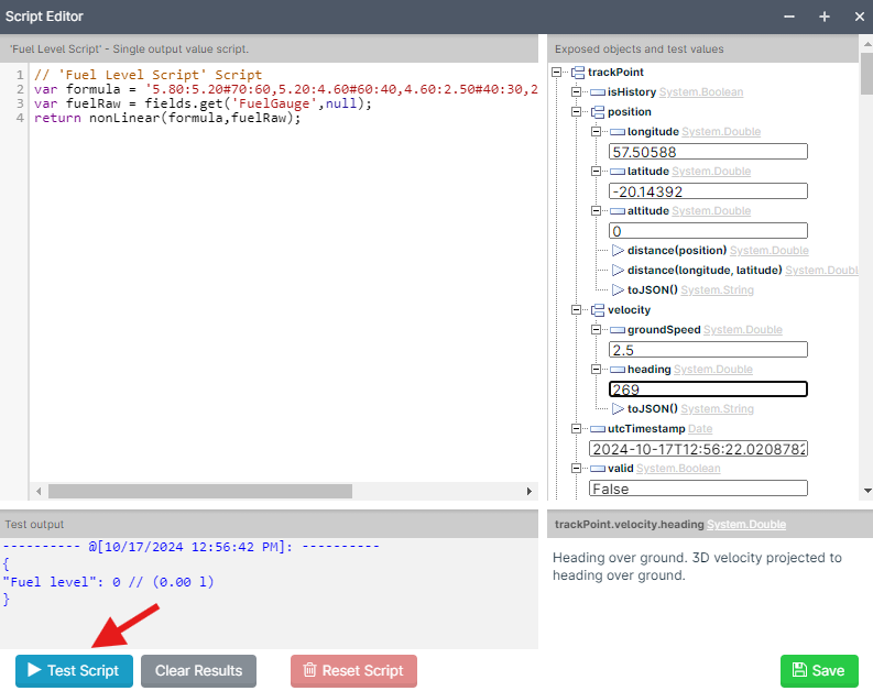 Script editor with test output and variables.