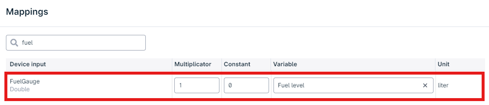 Fuel gauge mapping settings table.