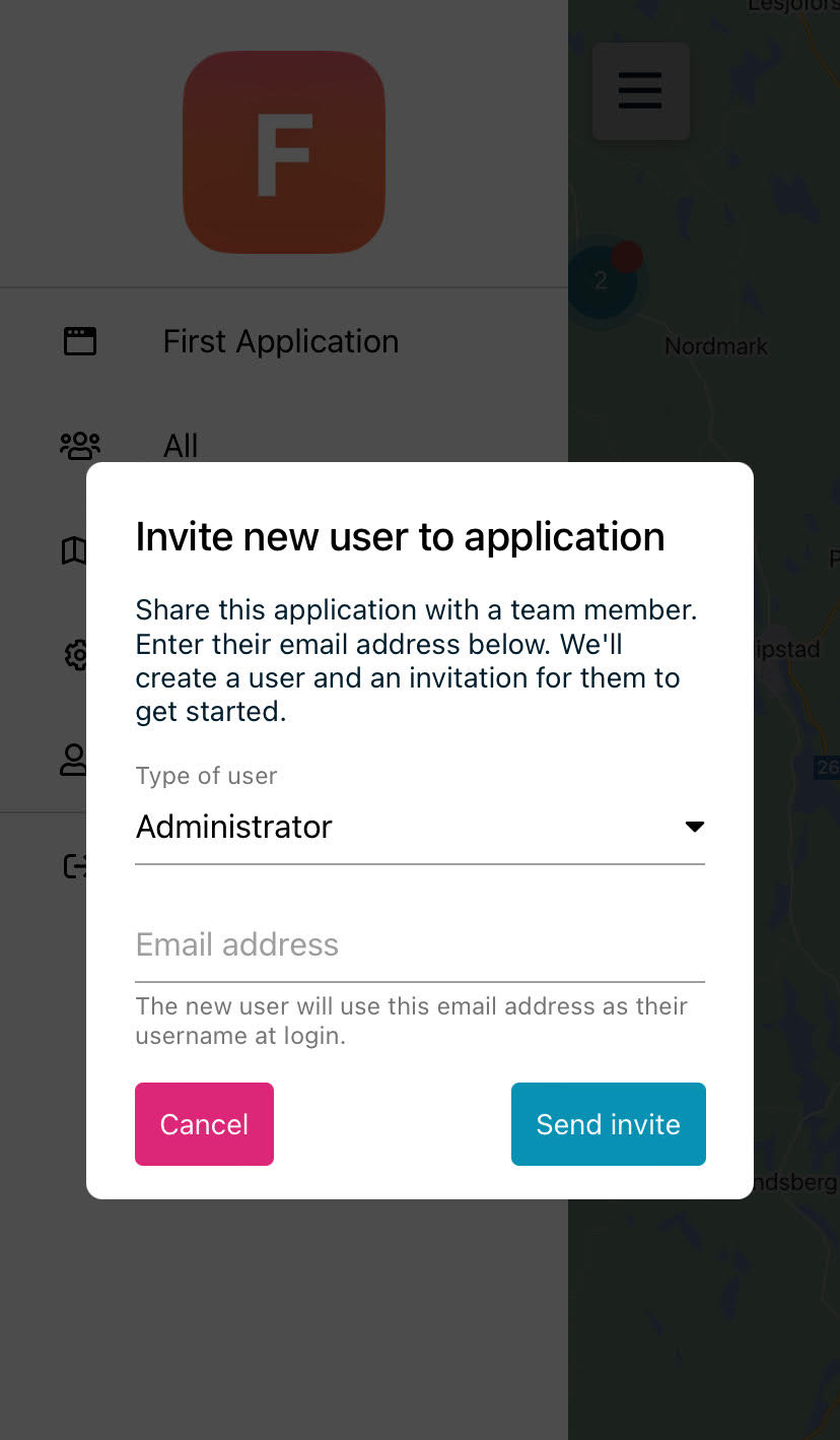 Invite new user to application form