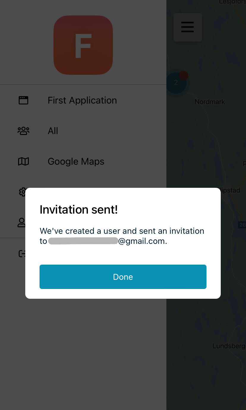 Invitation sent confirmation popup.