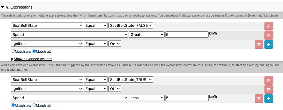 Expressions configuration interface screenshot.