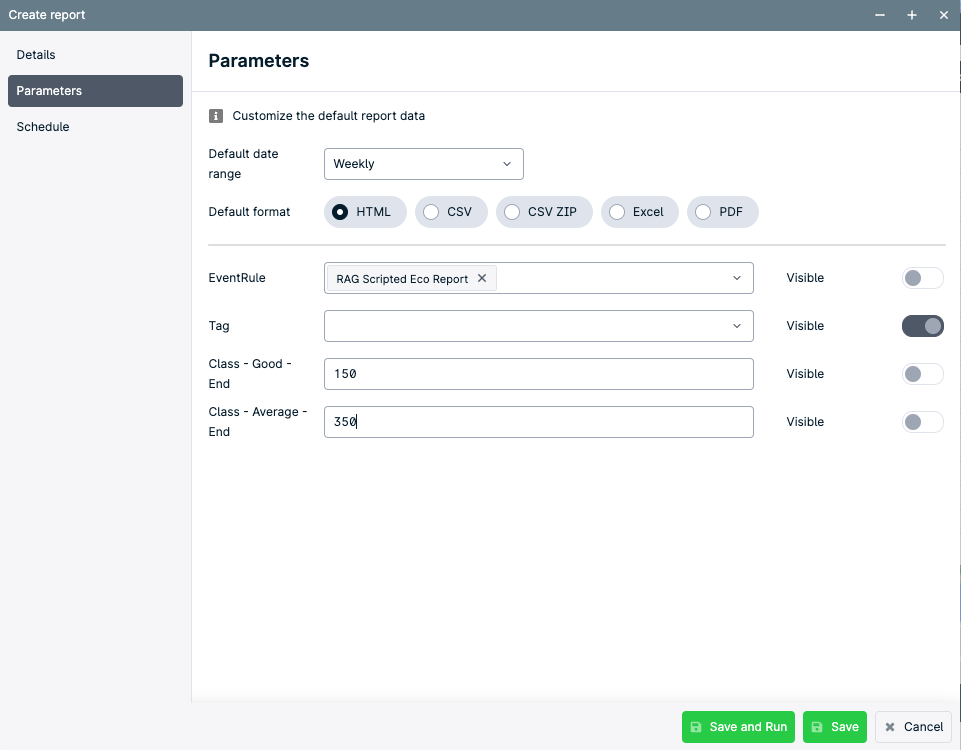 Report creation parameters screen