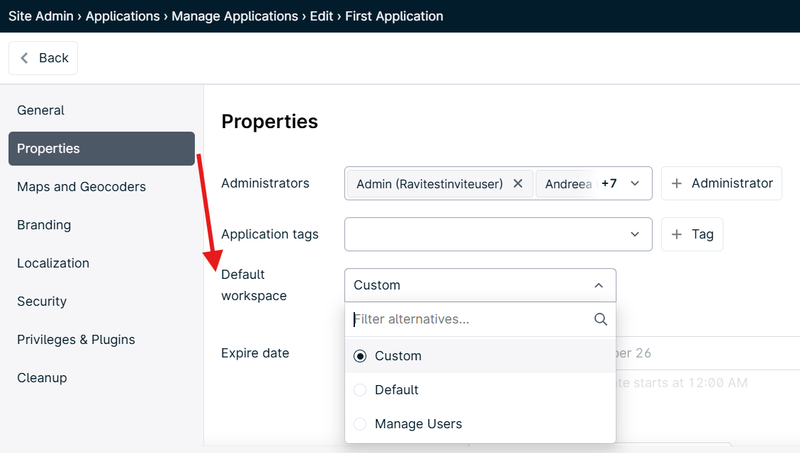 Application properties settings screen