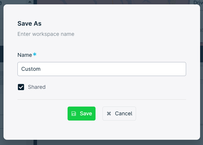 Save As" dialog with name input and buttons.