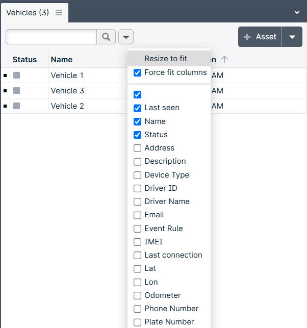 Vehicle list with column options dropdown.