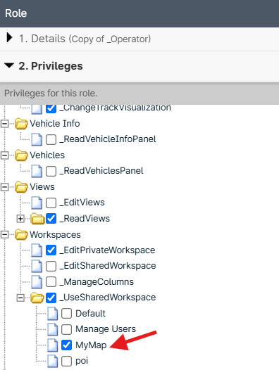 Privileges tree with 'MyMap' checked