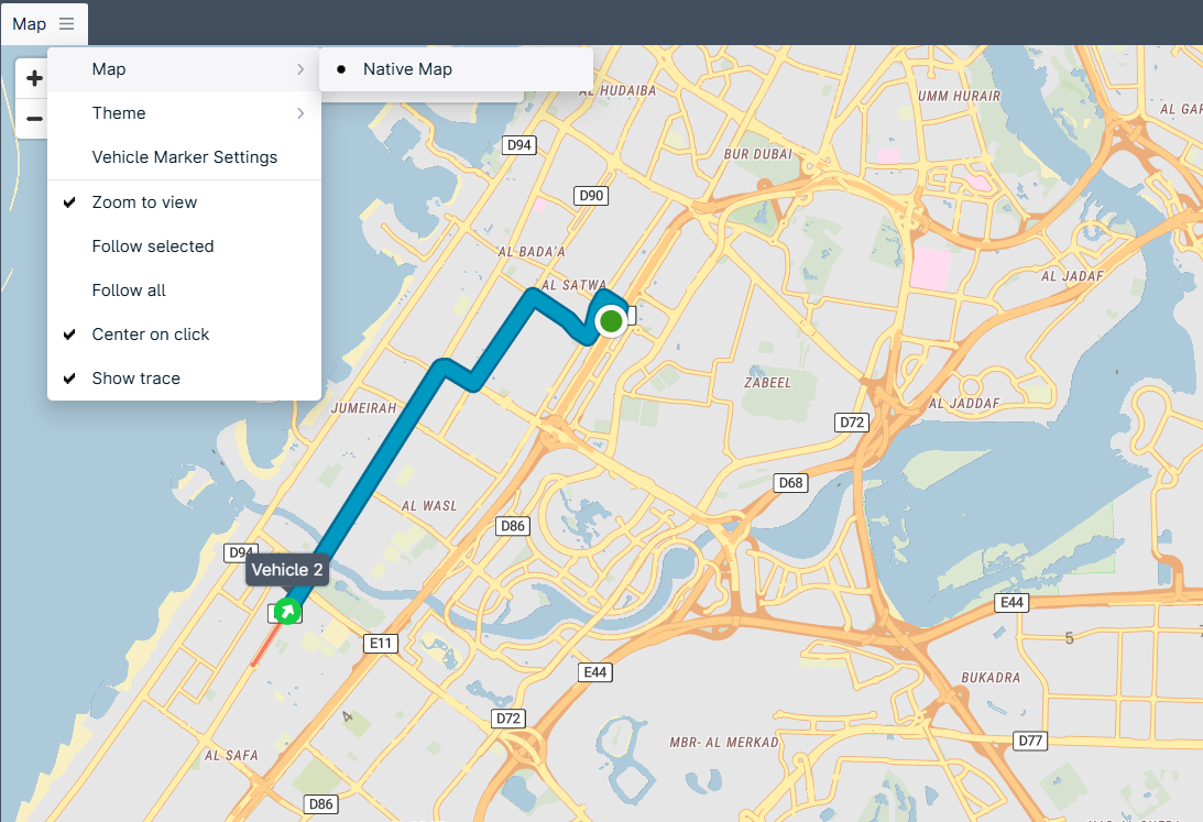 Map with vehicle route highlighted