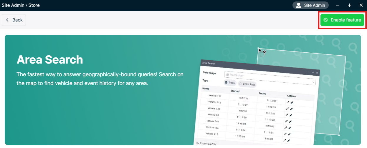 Area Search feature with vehicle tracking table.