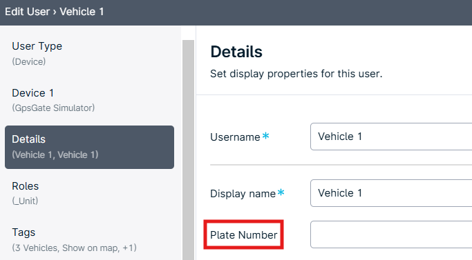 User details form with plate number field.