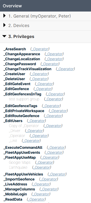 Privileges list with various operator actions.