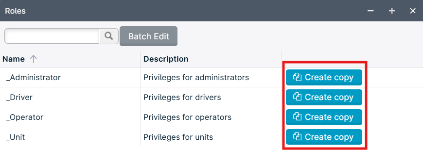 Roles table with 'Create copy' buttons.