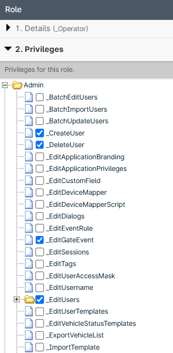 Admin role privileges list with checkboxes