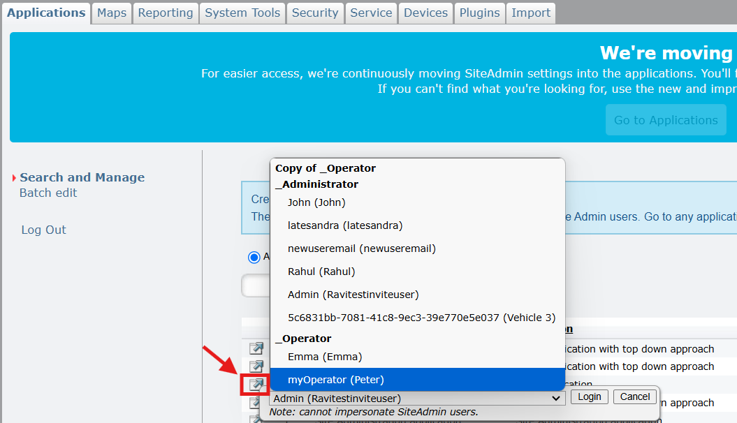 User selection dropdown menu