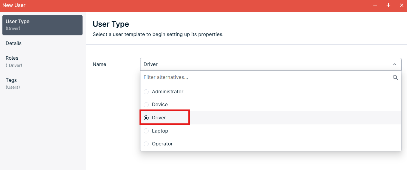 User type selection menu with 'Driver' chosen.