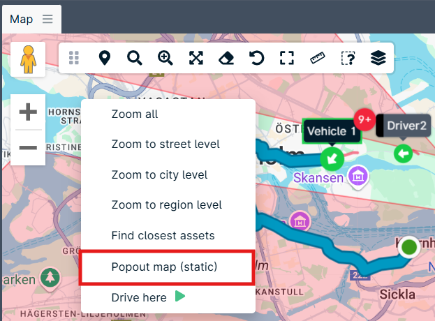 Map interface with zoom options menu.